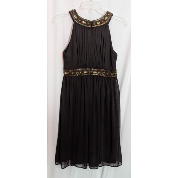 y2k CACHE Brown Bejeweled Beaded Chiffon Halter Dress Size 6 Empire Waist S1 - Picture 5 of 6